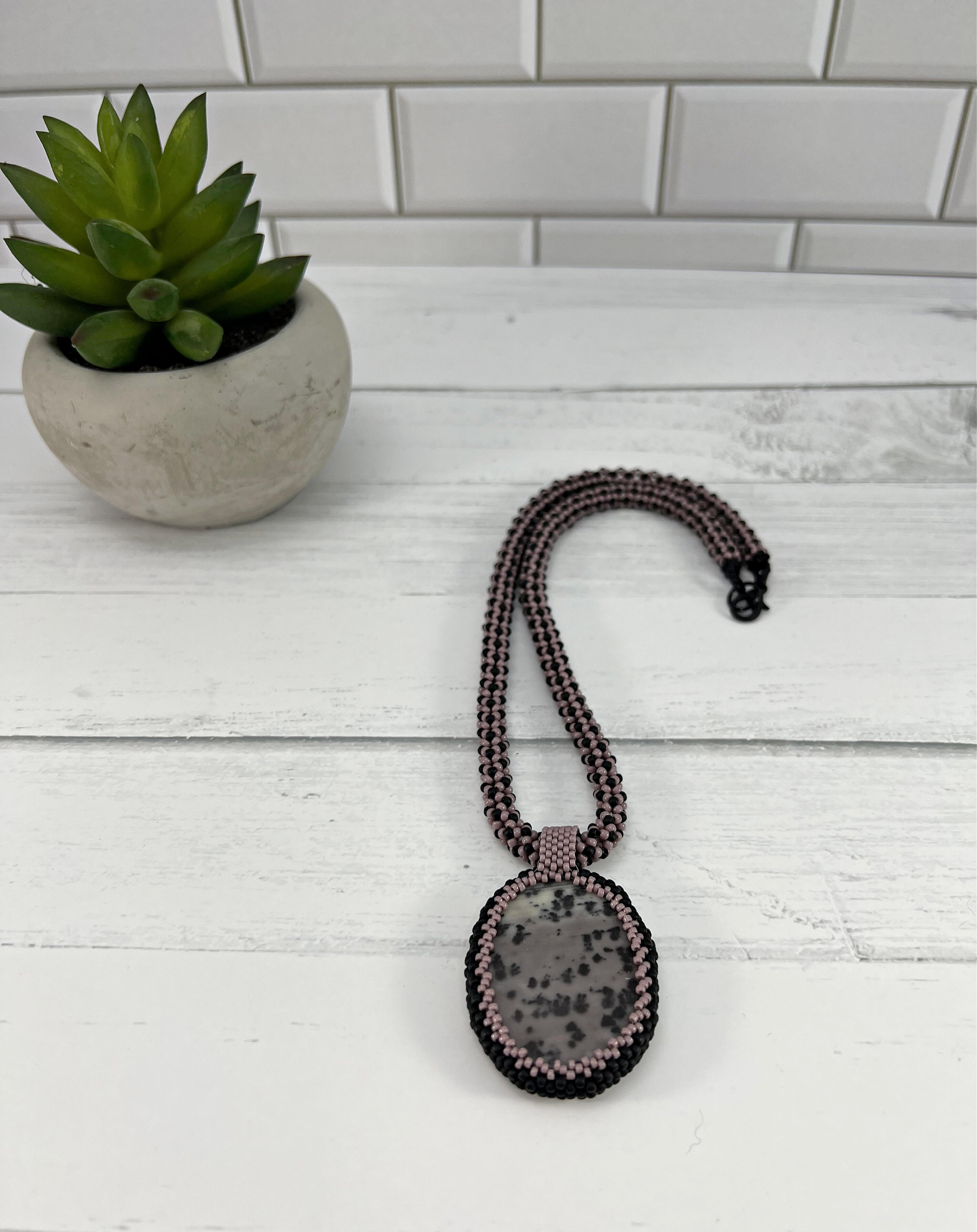 Lavender Jasper Pendant Necklace, Chenille Stitch Beaded Necklace, 18 Inch