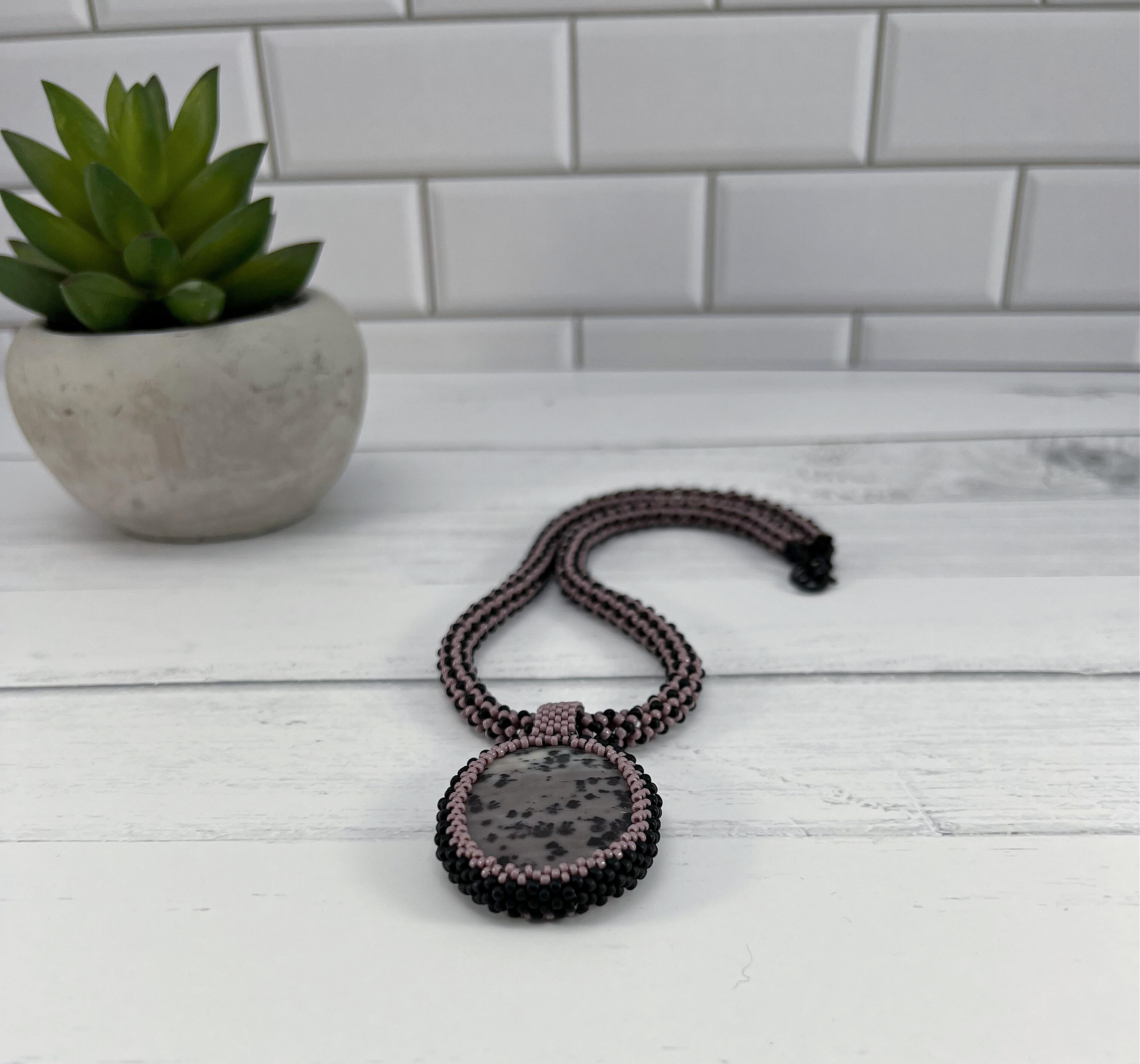 Lavender Jasper Pendant Necklace, Chenille Stitch Beaded Necklace, 18 Inch