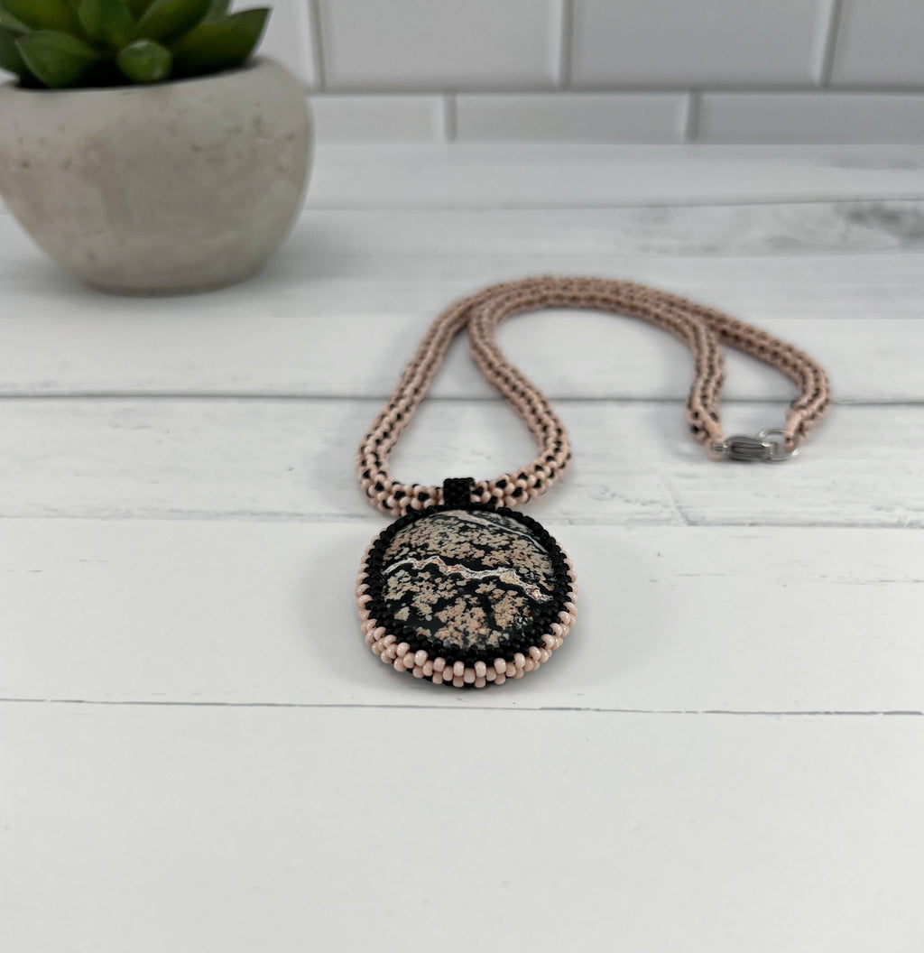 Pink and Black Jasper Pendant on Chenille Stich Beaded Necklace, 20 Inch