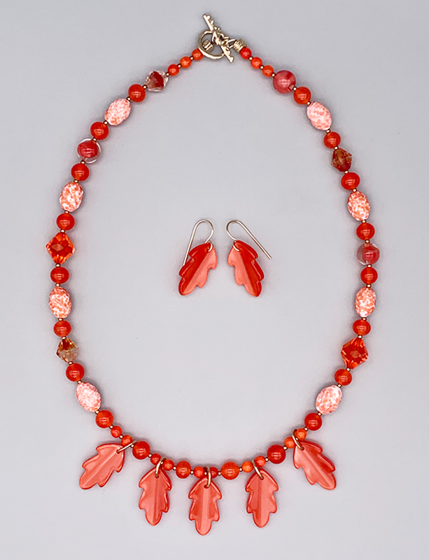 Necklace Set | Orange moonglow Lucite oak leaves, mid-century crystals, vintage glass givre rounds and speckled ovals