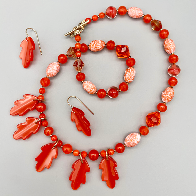 Necklace Set | Orange moonglow Lucite oak leaves, mid-century crystals, vintage glass givre rounds and speckled ovals
