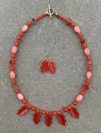 Necklace Set | Orange moonglow Lucite oak leaves, mid-century crystals, vintage glass givre rounds and speckled ovals