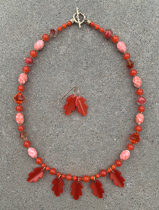 Necklace Set | Orange moonglow Lucite oak leaves, mid-century crystals, vintage glass givre rounds and speckled ovals