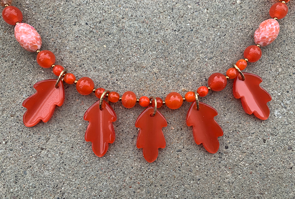 Necklace Set | Orange moonglow Lucite oak leaves, mid-century crystals, vintage glass givre rounds and speckled ovals