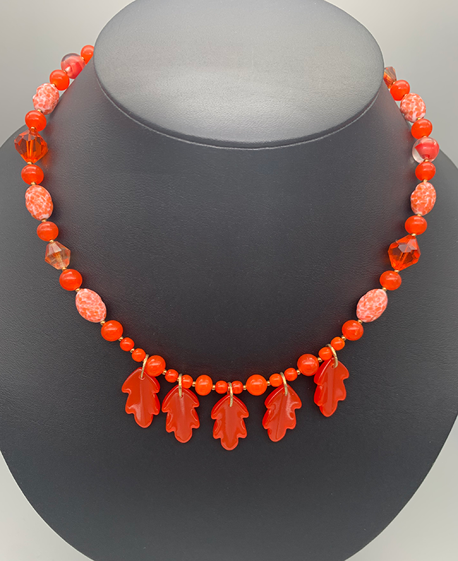 Necklace Set | Orange moonglow Lucite oak leaves, mid-century crystals, vintage glass givre rounds and speckled ovals
