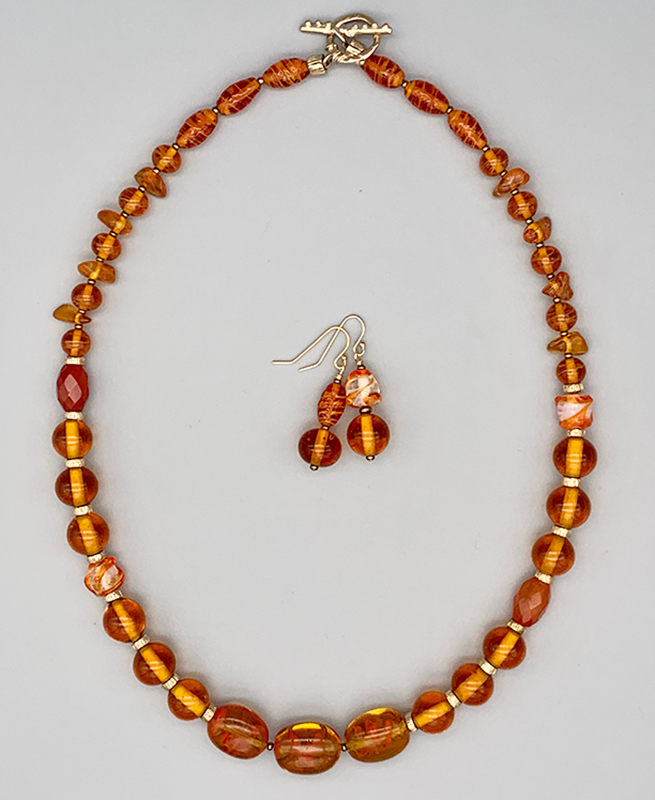 Necklace Set | Amber vintage glass beads, honey amber chips, carnelian faceted ovals, artisan gold bronze