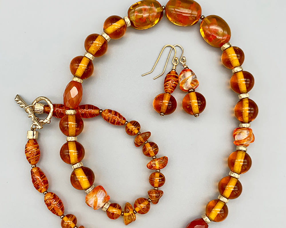 Necklace Set | Amber vintage glass beads, honey amber chips, carnelian faceted ovals, artisan gold bronze