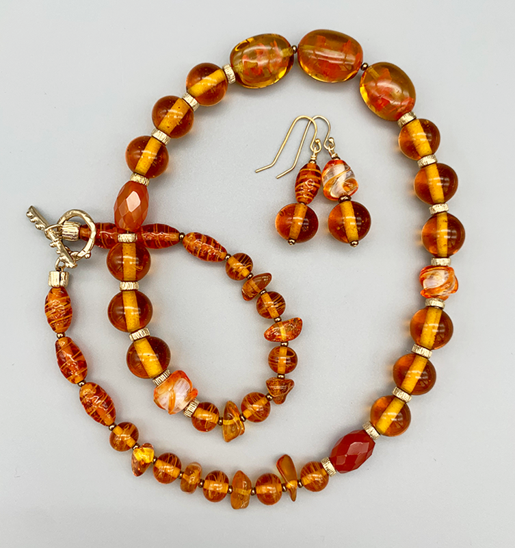 Necklace Set | Amber vintage glass beads, honey amber chips, carnelian faceted ovals, artisan gold bronze