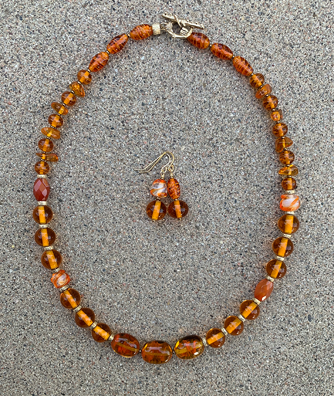 Necklace Set | Amber vintage glass beads, honey amber chips, carnelian faceted ovals, artisan gold bronze