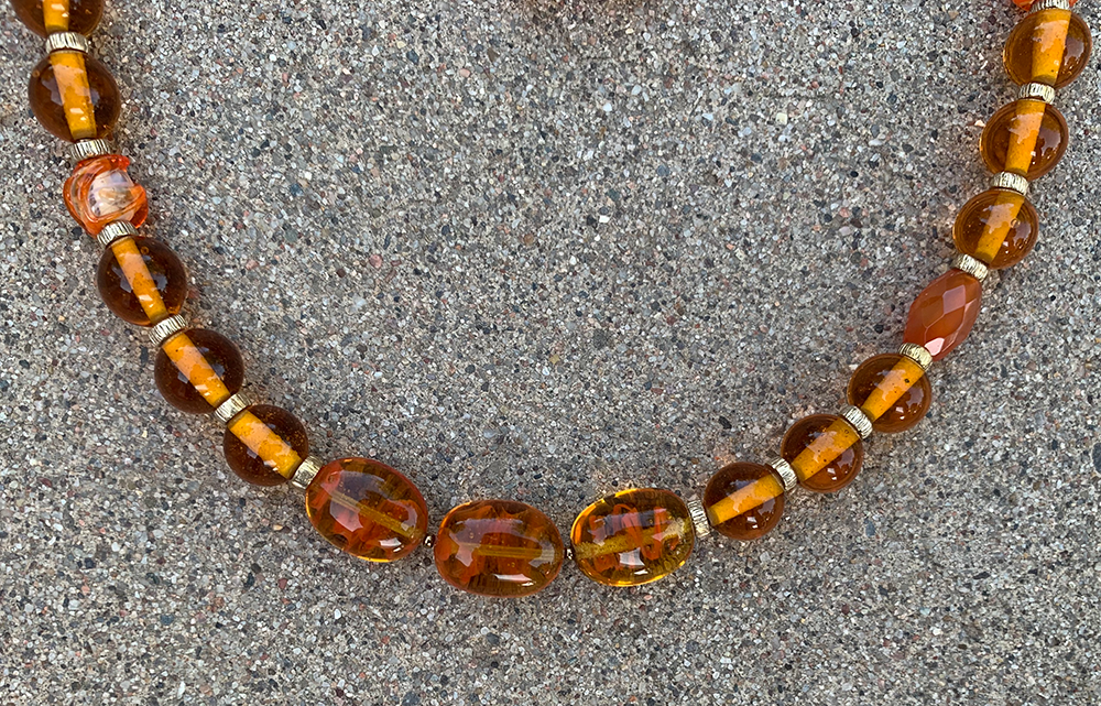 Necklace Set | Amber vintage glass beads, honey amber chips, carnelian faceted ovals, artisan gold bronze