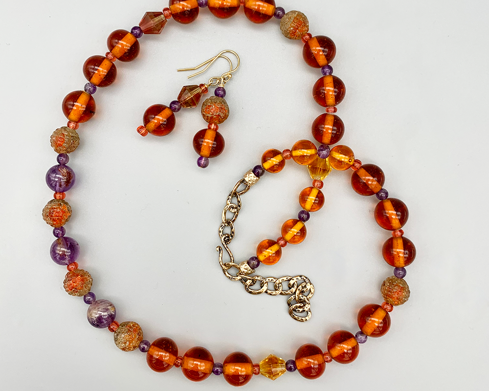 Necklace Set | Vintage Japanese and West German smoky topaz glass beads, amethyst and Super Seven stones