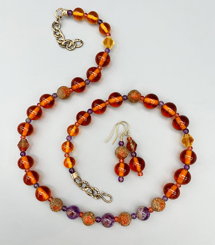 Necklace Set | Vintage Japanese and West German smoky topaz glass beads, amethyst and Super Seven stones