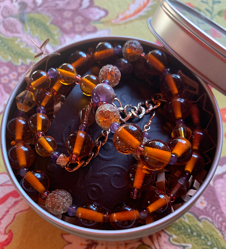 Necklace Set | Vintage Japanese and West German smoky topaz glass beads, amethyst and Super Seven stones