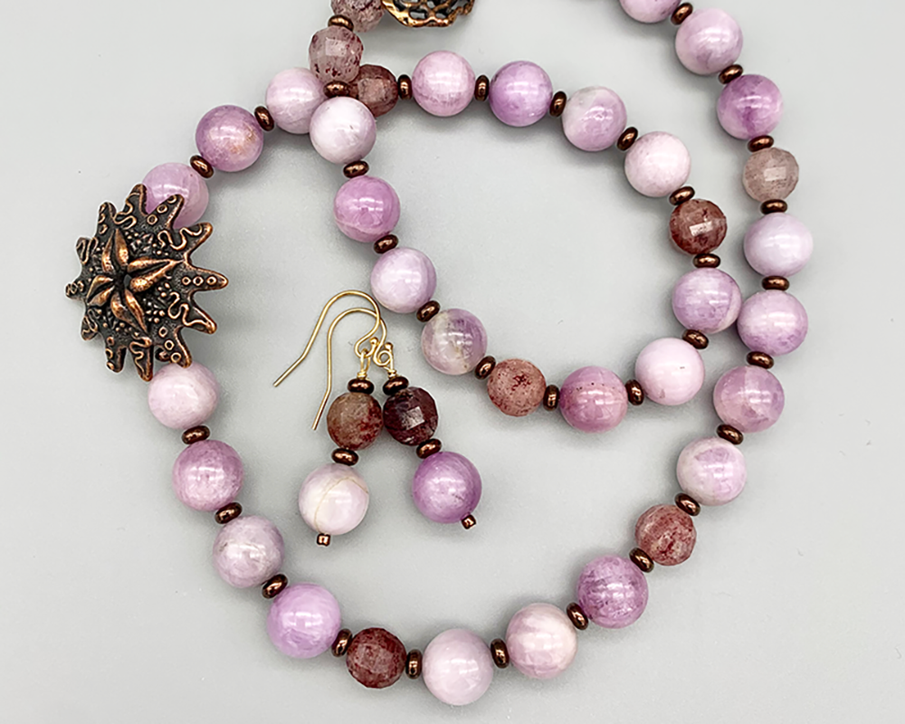 Necklace Set | Gorgeous kunzite rounds, faceted strawberry quartz, bronze lost wax pendant and clasp