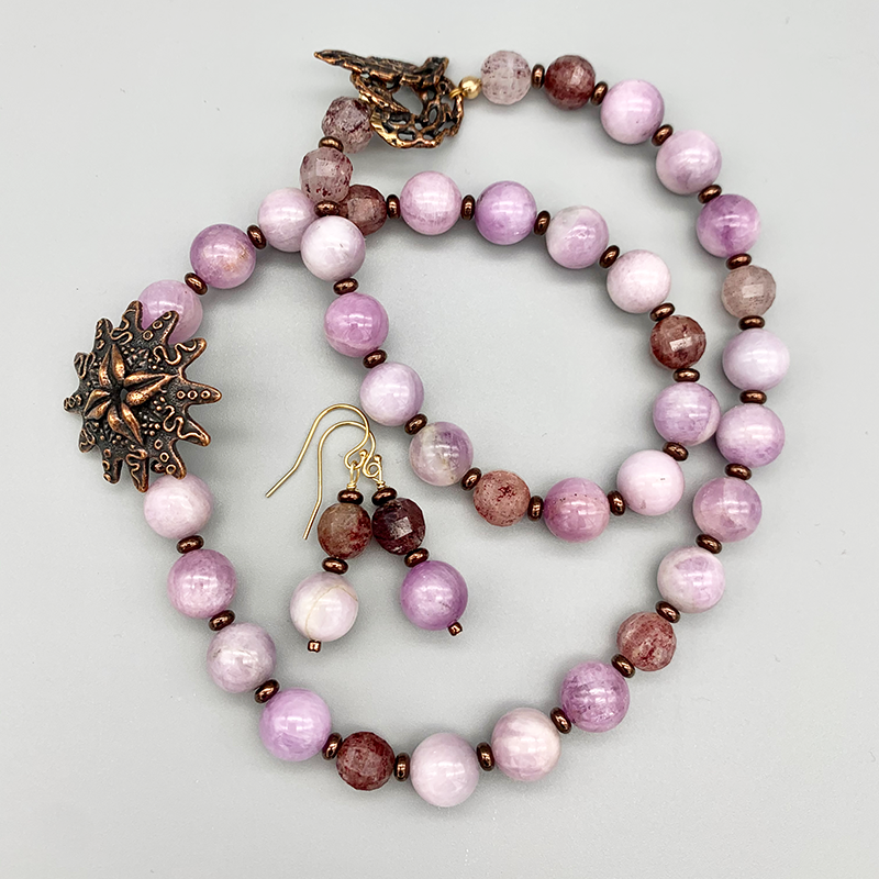 Necklace Set | Gorgeous kunzite rounds, faceted strawberry quartz, bronze lost wax pendant and clasp