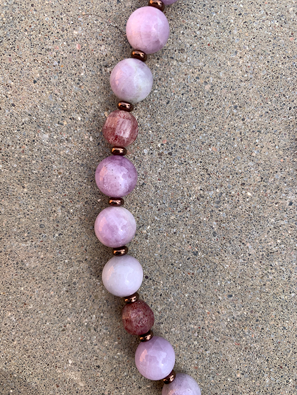 Necklace Set | Gorgeous kunzite rounds, faceted strawberry quartz, bronze lost wax pendant and clasp