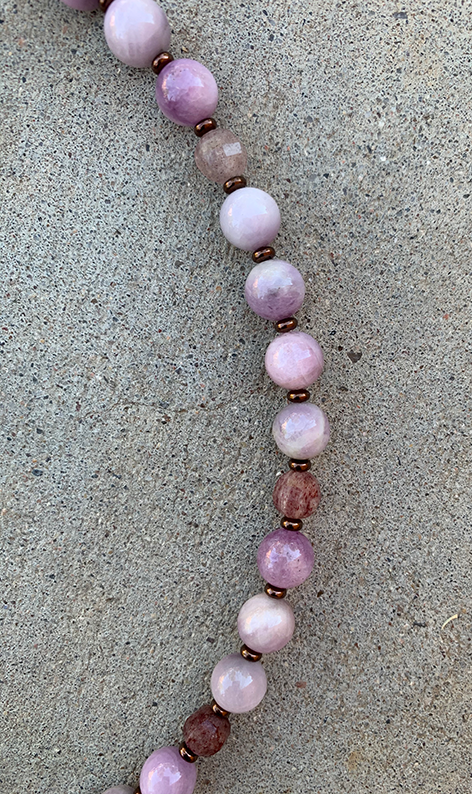 Necklace Set | Gorgeous kunzite rounds, faceted strawberry quartz, bronze lost wax pendant and clasp