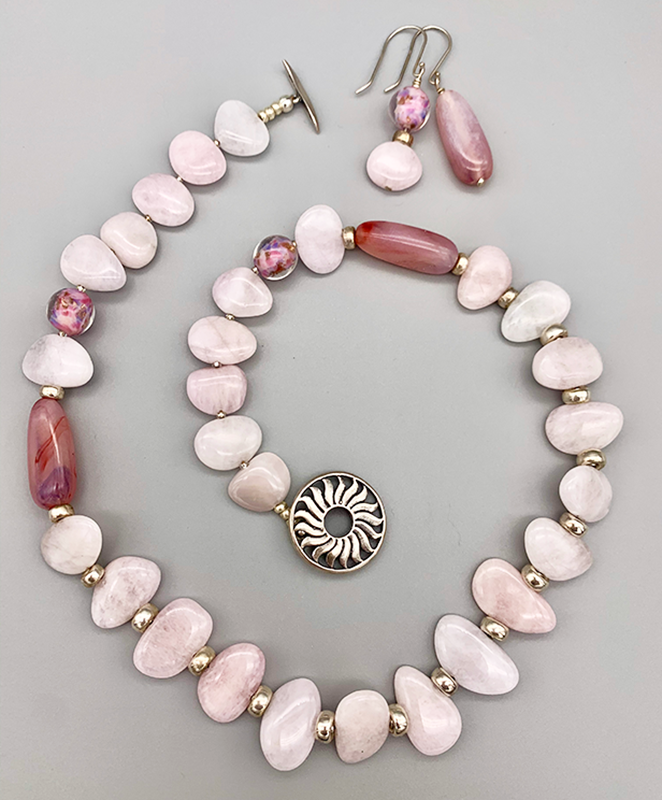 Necklace Set | Morganite petals, Lucite, 1950s Italian aventurina rounds, sterling silver rondelles