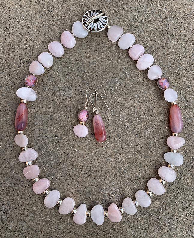 Necklace Set | Morganite petals, Lucite, 1950s Italian aventurina rounds, sterling silver rondelles