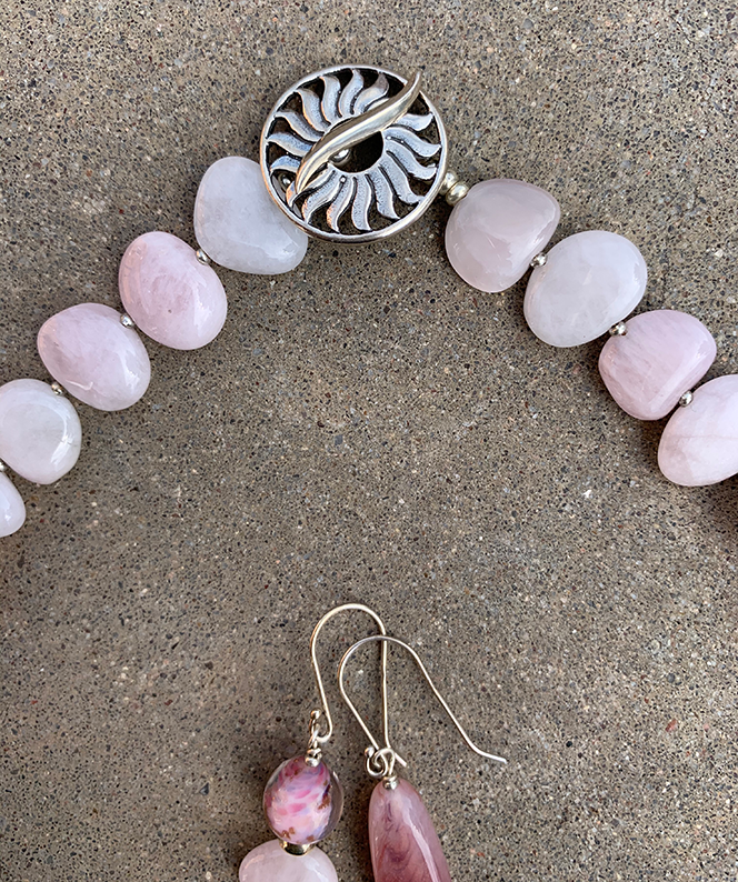 Necklace Set | Morganite petals, Lucite, 1950s Italian aventurina rounds, sterling silver rondelles