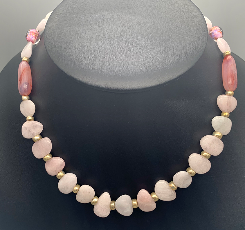 Necklace Set | Morganite petals, Lucite, 1950s Italian aventurina rounds, sterling silver rondelles