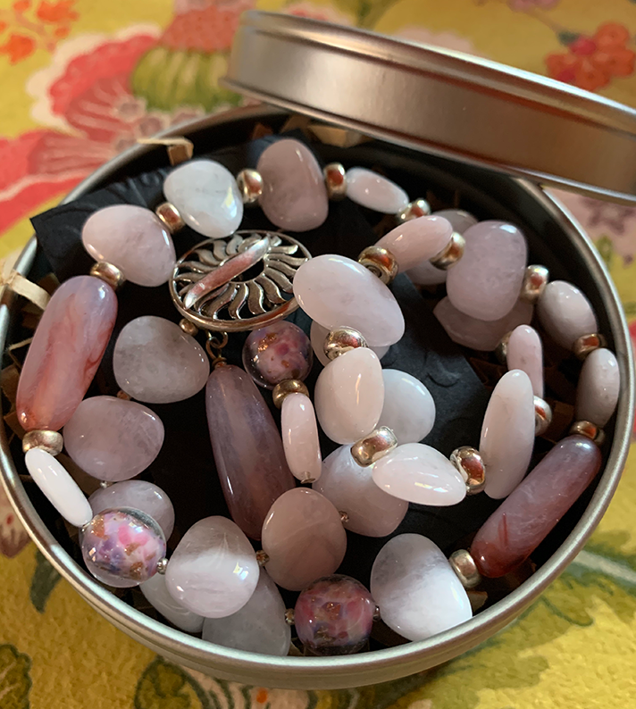 Necklace Set | Morganite petals, Lucite, 1950s Italian aventurina rounds, sterling silver rondelles