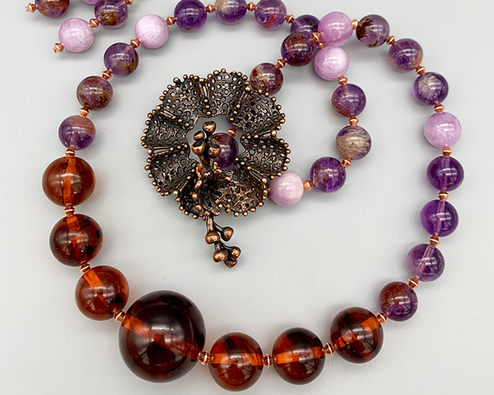 Necklace Set | 1930s Bakelite amber rounds, amethyst, Kunzite, artisan findings