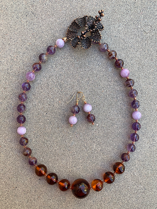 Necklace Set | 1930s Bakelite amber rounds, amethyst, Kunzite, artisan findings