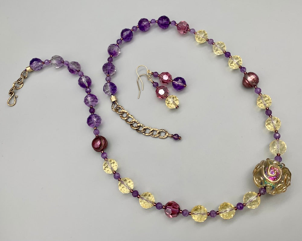 Necklace set | Artisan lampwork rainbow center focal bead, faceted ametrine rounds, amethyst, pearls, crystals