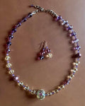 Necklace set | Artisan lampwork rainbow center focal bead, faceted ametrine rounds, amethyst, pearls, crystals