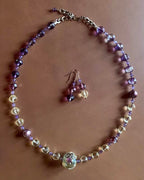 Necklace set | Artisan lampwork rainbow center focal bead, faceted ametrine rounds, amethyst, pearls, crystals