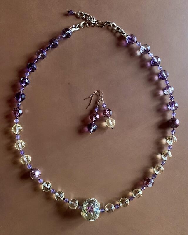 Necklace set | Artisan lampwork rainbow center focal bead, faceted ametrine rounds, amethyst, pearls, crystals