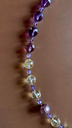 Necklace set | Artisan lampwork rainbow center focal bead, faceted ametrine rounds, amethyst, pearls, crystals