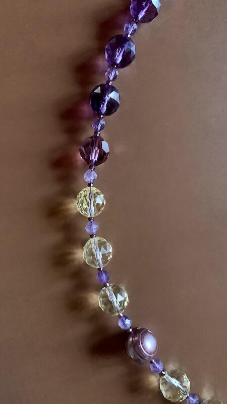 Necklace set | Artisan lampwork rainbow center focal bead, faceted ametrine rounds, amethyst, pearls, crystals