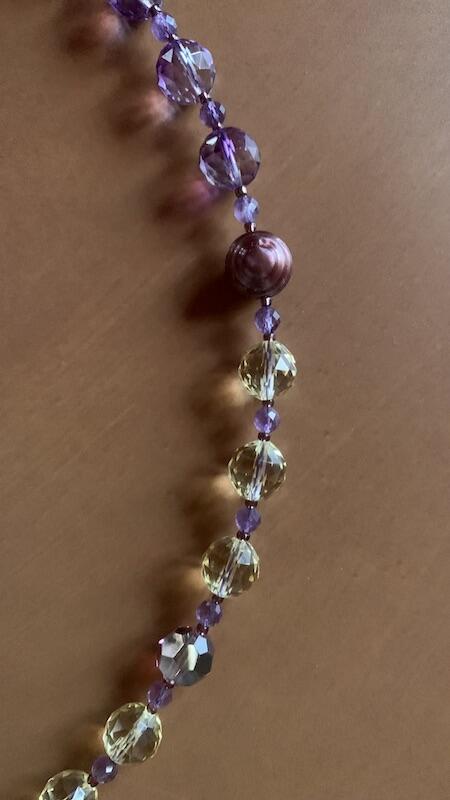 Necklace set | Artisan lampwork rainbow center focal bead, faceted ametrine rounds, amethyst, pearls, crystals