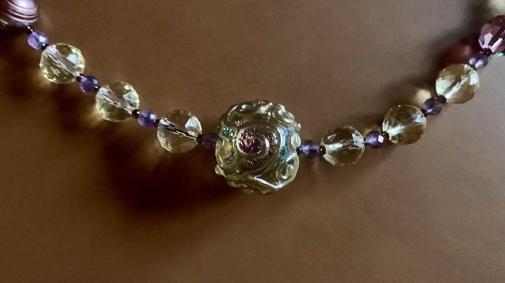 Necklace set | Artisan lampwork rainbow center focal bead, faceted ametrine rounds, amethyst, pearls, crystals