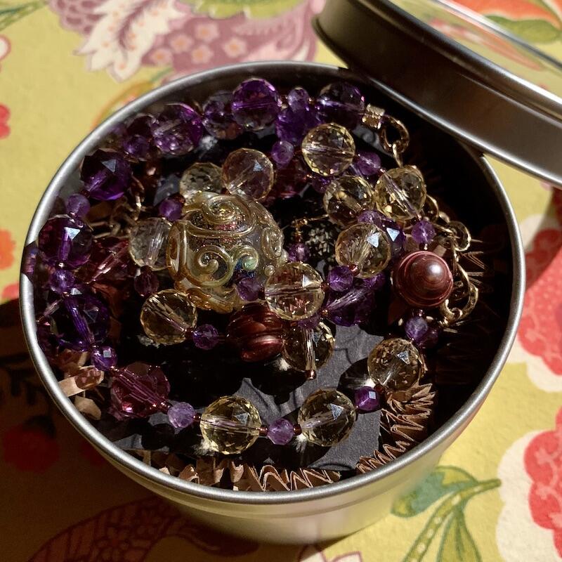 Necklace set | Artisan lampwork rainbow center focal bead, faceted ametrine rounds, amethyst, pearls, crystals