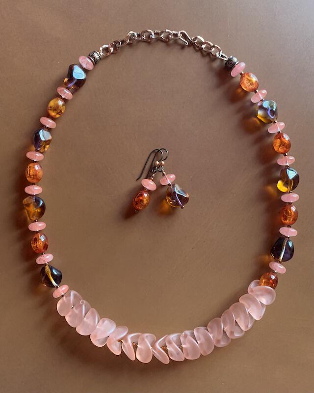 Necklace set | Sunset hues rose pink nesting folded glass disks, purple amber vintage glass, fire orange vintage lucite, watermelon quartz