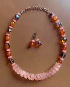 Necklace set | Sunset hues rose pink nesting folded glass disks, purple amber vintage glass, fire orange vintage lucite, watermelon quartz