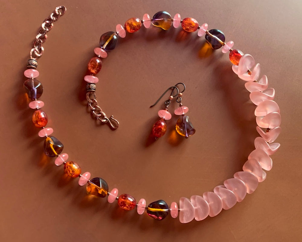 Necklace set | Sunset hues rose pink nesting folded glass disks, purple amber vintage glass, fire orange vintage lucite, watermelon quartz