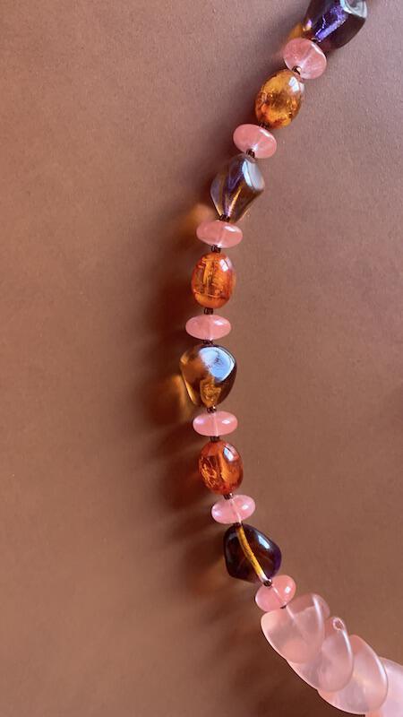 Necklace set | Sunset hues rose pink nesting folded glass disks, purple amber vintage glass, fire orange vintage lucite, watermelon quartz