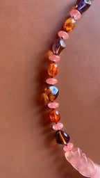 Necklace set | Sunset hues rose pink nesting folded glass disks, purple amber vintage glass, fire orange vintage lucite, watermelon quartz