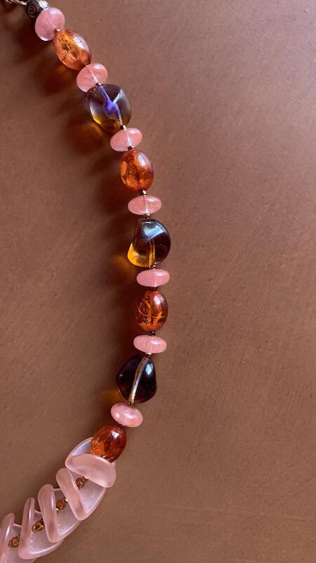 Necklace set | Sunset hues rose pink nesting folded glass disks, purple amber vintage glass, fire orange vintage lucite, watermelon quartz