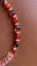 Necklace set | Sunset hues rose pink nesting folded glass disks, purple amber vintage glass, fire orange vintage lucite, watermelon quartz