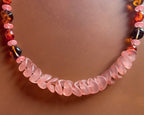 Necklace set | Sunset hues rose pink nesting folded glass disks, purple amber vintage glass, fire orange vintage lucite, watermelon quartz