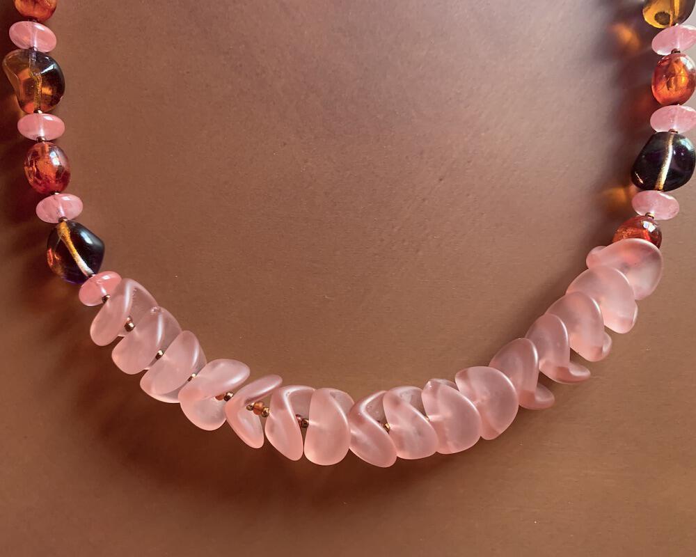 Necklace set | Sunset hues rose pink nesting folded glass disks, purple amber vintage glass, fire orange vintage lucite, watermelon quartz