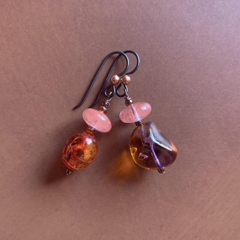Necklace set | Sunset hues rose pink nesting folded glass disks, purple amber vintage glass, fire orange vintage lucite, watermelon quartz