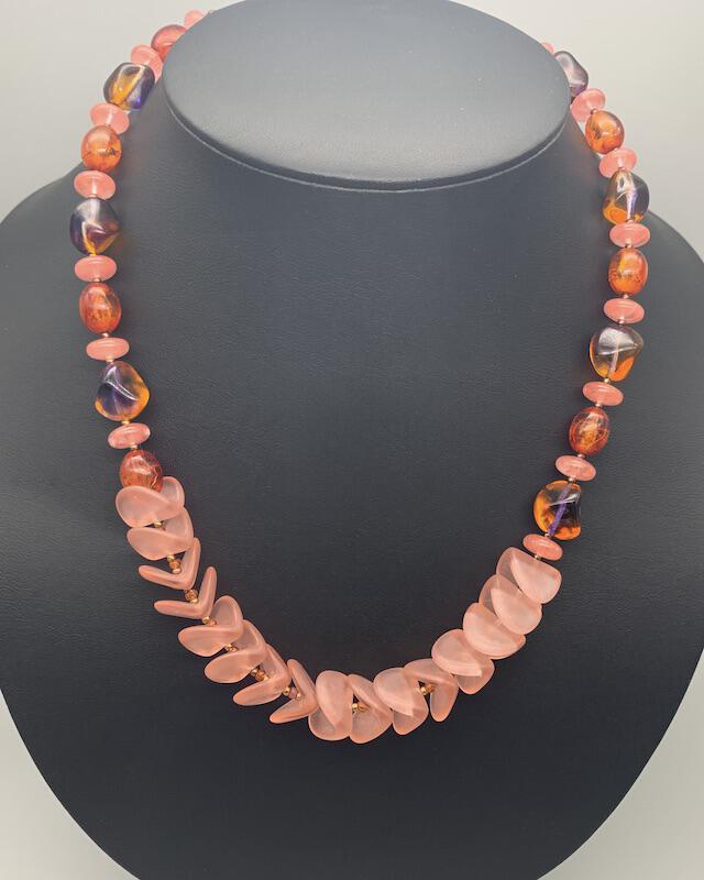 Necklace set | Sunset hues rose pink nesting folded glass disks, purple amber vintage glass, fire orange vintage lucite, watermelon quartz