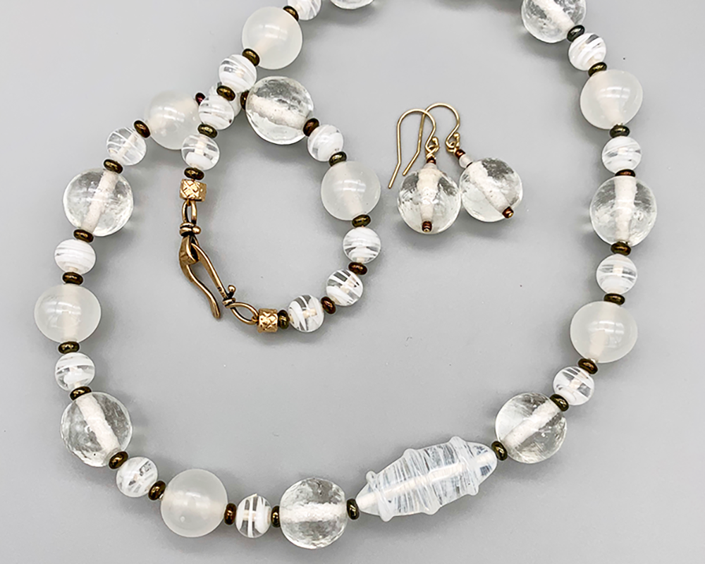 Necklace Set | Snow and Ice mid-century Japanese clear, opalescent, white glass beads