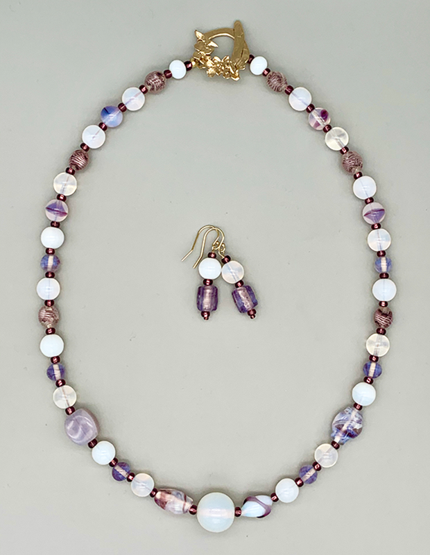 Necklace Set | Opalescent, milky white, pale amethyst mid-century glass beads